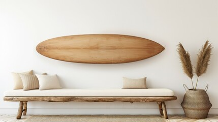 Surfboard decorated in modern dining room. - obrazy, fototapety, plakaty