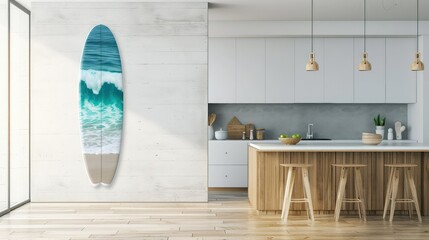 Surfboard decorated in modern dining room.