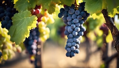 Fototapeta premium Sunlit vineyard with ripe grapes