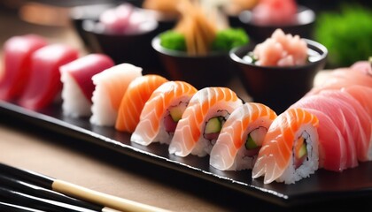 Assorted sushi platter on elegant black table