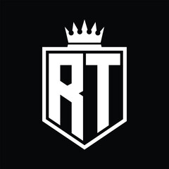 RT Logo monogram bold shield geometric shape with crown outline black and white style design