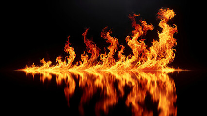 Vibrant Dance of Flames with Reflection on Dark Background