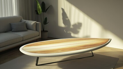 Surfboard used as coffeetable in living room.