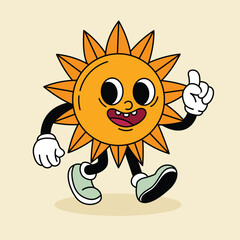 Fun sun in groove style.Retro character.Cartoon vector illustration, print