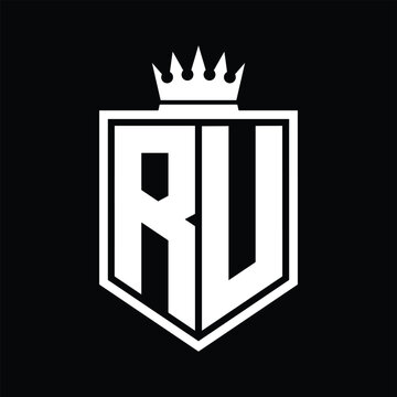 recommend clip art: RU Logo monogram bold shield geometric shape with crown outline black and white style design