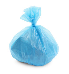 Blue plastic garbage bag isolated on white