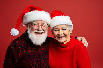 Elderly couple joyfully celebrating Christmas, ideal for use in your festive promotions.