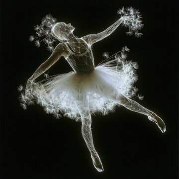 A perfect ballerina bowing down front in a skirt made of dandelion, spreading hands in different directions, in the style of mesmerizing optical illusions, front view