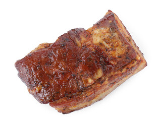 Piece of tasty baked pork belly isolated on white, top view