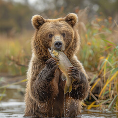 Obraz premium a brown bear hunts salmon in shallow clear water,