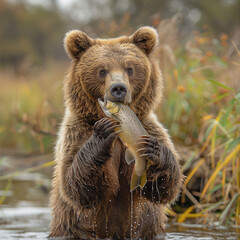 a brown bear hunts salmon in shallow clear water,