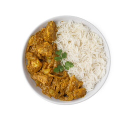 Delicious chicken curry with rice isolated on white, top view