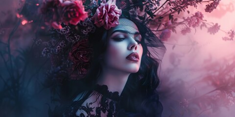 Beautiful Woman Background in the Style Ethereal Gothic Dreamscape with Edgy Undertones - Emo Goth Girl Wallpaper created with Generative AI Technology - obrazy, fototapety, plakaty