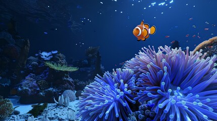 Fototapeta na wymiar Vibrant underwater scene with clownfish, coral reef life. ideal for educational content. marine biodiversity representation. AI