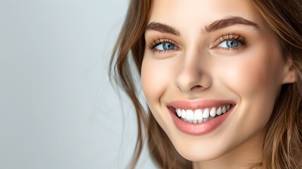 Portrait of a smiling young woman, close up. radiant beauty with flawless skin. perfect for wellness and cosmetics. AI