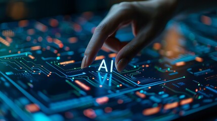 A hand is pointing to the letters AI on a computer screen