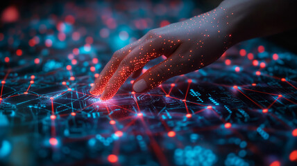 Human hand touching neuronal network of artificial intelligence system, black blur background