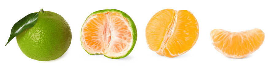 Fresh green tangerines isolated on white, collage