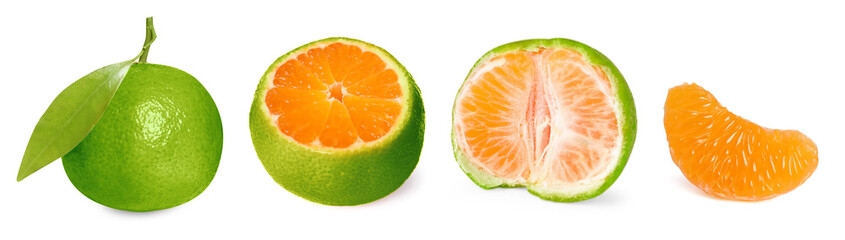 Fresh green tangerines isolated on white, collage