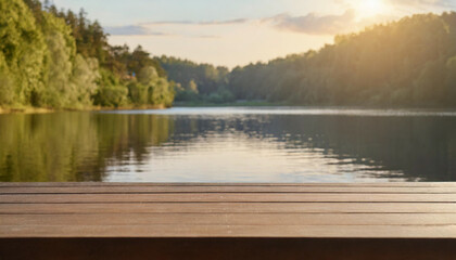 Empty wooden table top with blurred nature background. Calm sunny evening in nature with view to lake, river water and forest, park trees. Table top with copy space for product advertising 