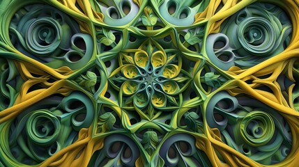 Complex Green and Yellow Botanical Abstraction with Art Nouveau Symmetry and Style