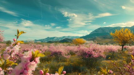 Fototapeta na wymiar Scenic springtime landscape with blooming flowers and mountain backdrop, a perfect natural scenery for calm backgrounds. AI