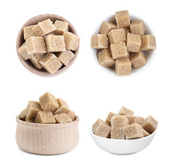 Brown sugar cubes in bowls isolated on white, top and side views