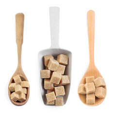 Brown sugar cubes in spoons and scoop isolated on white, top view