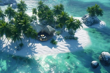 snow covered paradisiacal beach with palm trees. generative ai