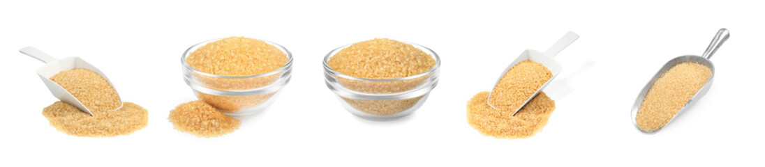 Brown sugar in bowls and scoops isolated on white, set