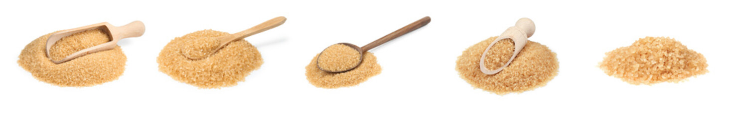 Granulated brown sugar isolated on white, set