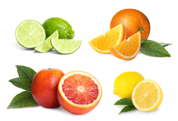 Fototapeta premium Different fresh citrus fruits isolated on white, set