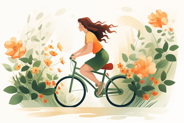 Woman joyfully riding a bicycle among flowers in spring. Flat illustration