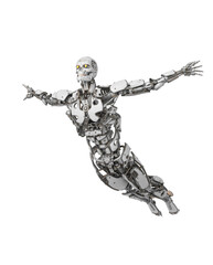mega cyborg is jumping up like a super hero in white background