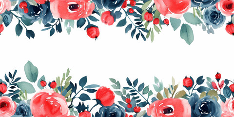 Bouquets of red and blue watercolor roses border with copy space. Happy Mother's day floral frame background. Festive flowers holiday greeting card, invitation, banner backdrop for Mom or Valentine's. - obrazy, fototapety, plakaty