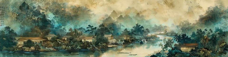 Papier Peint photo Kaki Scenic Riverside, Traditional Chinese Painting Featuring a River and Houses, Embellished with Dark Gold and Light Cyan Hues