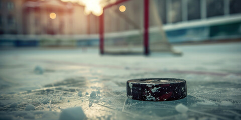 Sunset backdrop with ice hockey puck in foreground on frozen pond in front of building