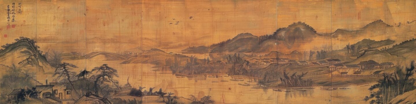 Scenic Riverside, Traditional Chinese Painting Featuring a River and Houses, Embellished with Dark Gold and Light Cyan Hues