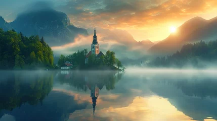 Poster Lake Bled in the morning with Church and mountain, Beautiful foggy morning landscape. © JetHuynh
