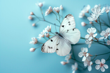 Celastrina argiolus butterfly delicately perched on a blossomed branch against a vibrant studio background.