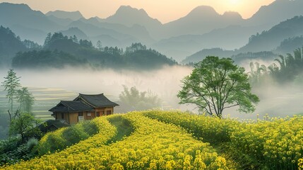 Rape field and old house in sunrise, foggy morning with yellow flowers field, trees and distant green mountains landscape