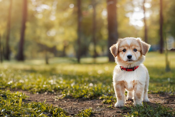 A cute little puppy is playing in the park. Baby dog on a walk in the city park. Copy space. Created by artificial intelligence
