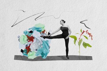 Sketch trend composite 3d collage photo of black white silhouette ballerina young lady practice ballet on trash debris ecological problem