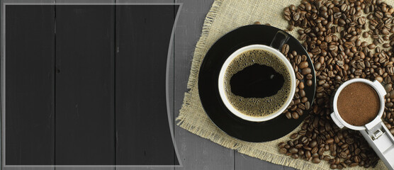 Panorama with scattered coffee beans on the table. Coffee beans and ground coffee. Food background. Copy space