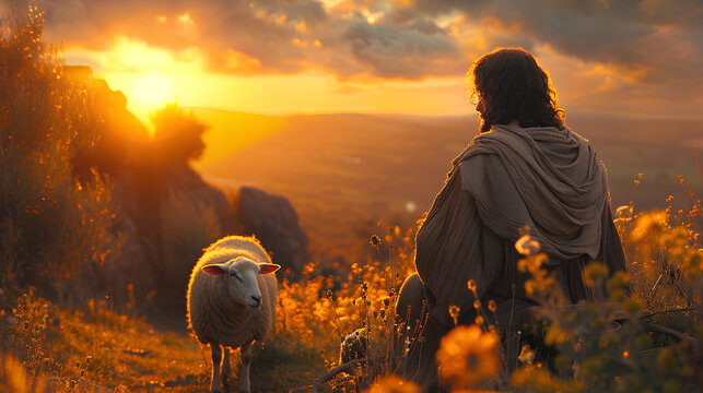 photo of Jesus and a sheep with sunlight in the background