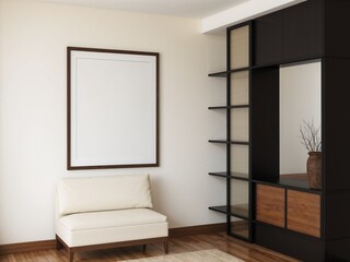 Mockup poster frame in a minimalist living room, interior mockup design