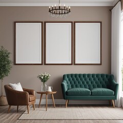 Living room wall poster mockup, modern interior design, interior mockup with house background