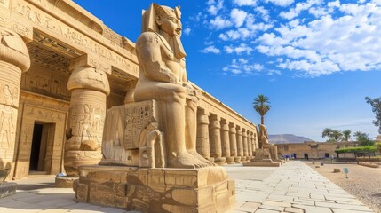 A statue of an egyptian pharaoh located outside temple in egypt