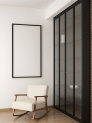 Poster frame mockup in a room with a walk-in closet and rocking chair, home interior design