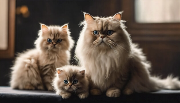 Dolcezza Felina- Madre Gatta Persiana con i Suoi Due Micetti in uno Scatto di Famiglia Affettuoso
